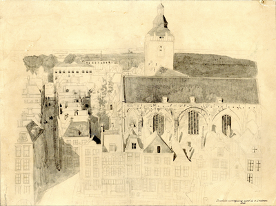 203077 Overzicht vanaf de 1e trans van de Domkerk van de stad Utrecht, met links de Zadelstraat, op de voorgrond de ...